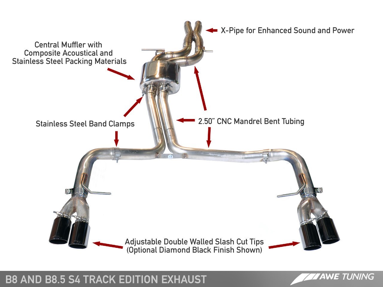 AWE Track Edition Exhaust for Audi B8 S4 3.0T - Chrome Silver Tips (102mm)